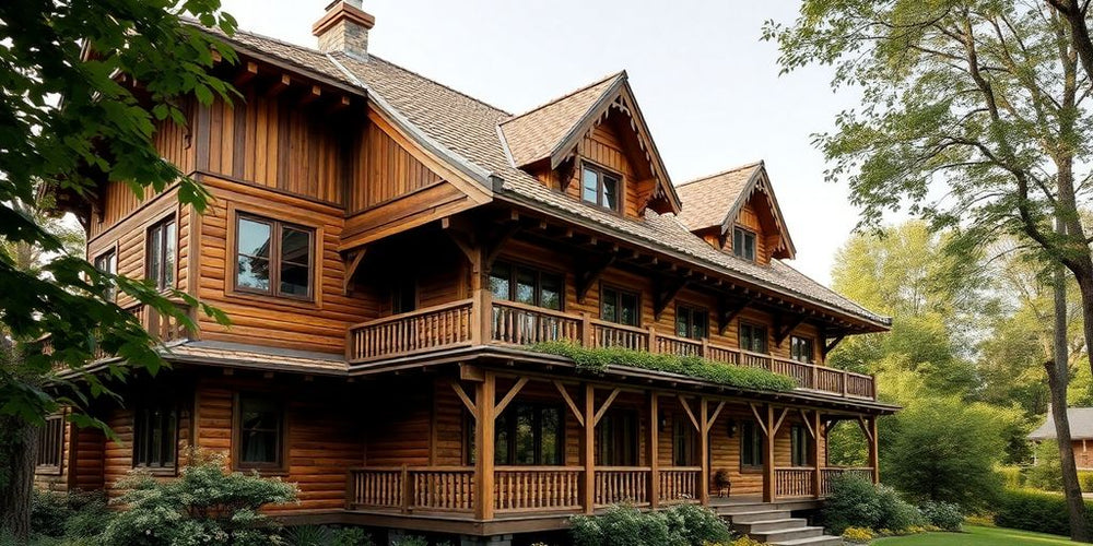 Houten huis met traditionele en moderne architectuur.